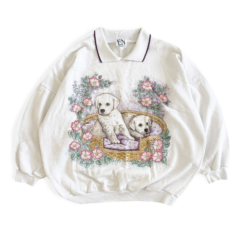 Vintage Essential Needs, Puppy Cottagecore Floral 90's Crewneck Sweatshirt - Picture 1 of 6